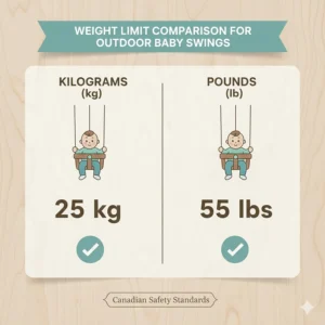 Comparison chart of weight limits for the best outdoor baby swings in Canada, displayed in both kilograms (kg) and pounds (lb).