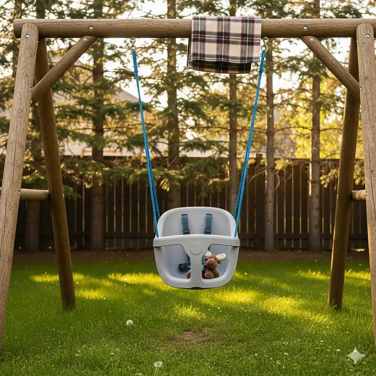 A safe, high-quality outdoor baby swing in a Canadian backyard, featuring weather-resistant materials and a secure harness for infant safety.