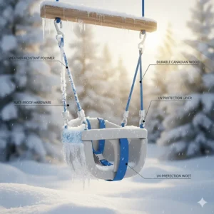 Illustration showing an outdoor baby swing designed for Canada's climate, with rust-resistant metal and UV-protected plastic parts.