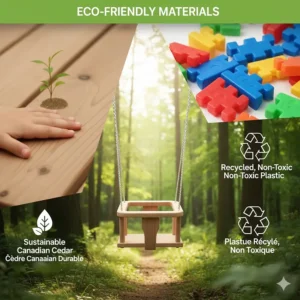 Illustration of an eco-friendly baby swing made from sustainable Canadian cedar wood and non-toxic, recycled materials.