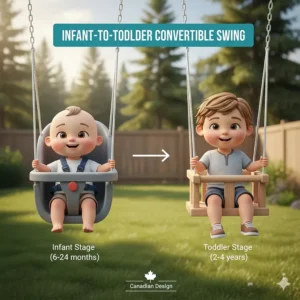 Growth stage illustration showing a baby swing that converts from a secure infant seat to a toddler swing.