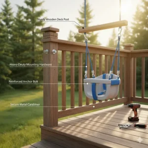 Step-by-step graphic for installing an outdoor baby swing on a wooden patio deck, ensuring secure attachment for maximum safety.