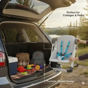 Illustrated scene of a foldable, portable baby swing being packed for a family trip to a Canadian park or cottage.