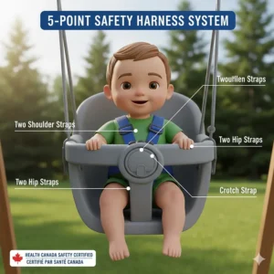 Close-up illustration of a 5-point safety harness on an infant outdoor swing, meeting Health Canada safety guidelines.
