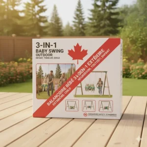 Product packaging for a 3-in-1 baby swing outdoor (balançoire pour bébé 3-en-1) showing bilingual English and French labels.