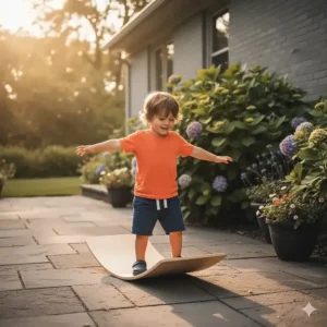 Illustration of a toddler balancing on a wooden board on a stone patio, showcasing versatile outdoor play equipment.