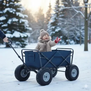 A 2 year old in a push and pull wagon with rugged all-terrain wheels navigating a light dusting of Canadian snow.