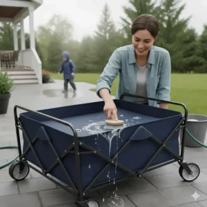 Illustration of the removable, weather-resistant fabric of a wagon for beach and park, suitable for the varying Canadian climate.