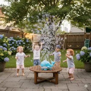 An automatic bubble machine blowing thousands of bubbles for toddlers playing outdoors on a patio.