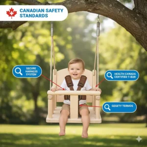 Illustration showing the Health Canada safety requirements for infant outdoor swings, highlighting secure T-bars and harnesses.