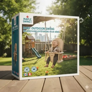 Close-up illustration of a baby swing box showing English and French labels (Balançoire pour bébé) for the Canadian market.