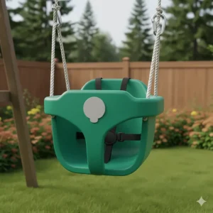 Detail of the T-bar and adjustable safety straps on a 3-in-1 outdoor swing for maximum child security.