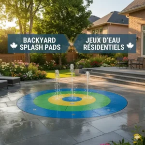 A conceptual graphic of a home water park with bilingual text: Backyard Splash Pads and Jeux d'eau résidentiels.
