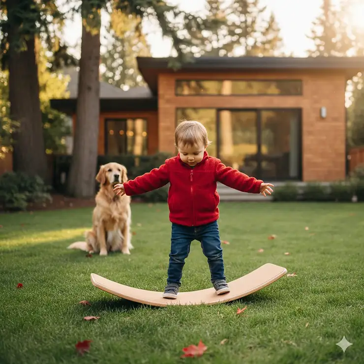 A Canadian toddler practicing stability on a wooden balance board for toddlers outdoor in a lush backyard in Vancouver.