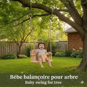 A charming illustration of a baby enjoying a tree swing, captioned with "Bébé balançoire pour arbre" for the Quebec market.