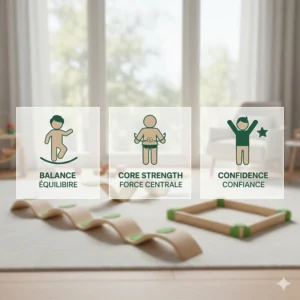 Graphic illustrating the developmental benefits of a balance beam for 2 year old children, including core strength.