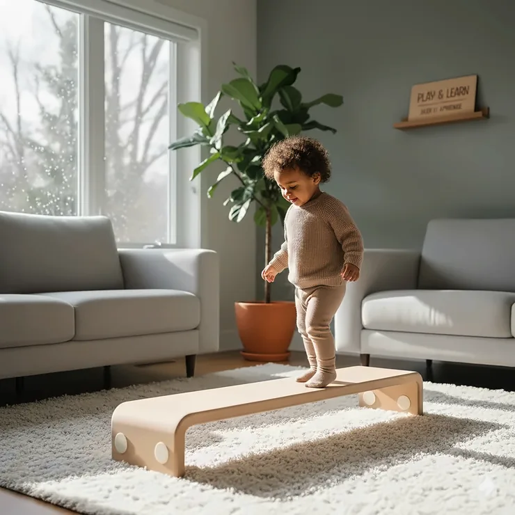 A 2-year-old toddler practicing gross motor skills on a wooden balance beam in a sunny Canadian home.