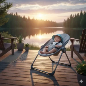 A modern portable baby swing styled on a wooden terrace overlooking a Canadian lake view.