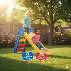 Children playing on a backyard slide with a bilingual sign for Outdoor Play and Jeux de plein air.