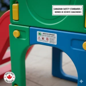 Illustration of the English and French safety certification labels required for Canadian toddler toys.
