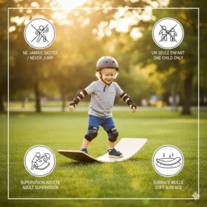 Illustration showing safety tips for a balance board for toddlers outdoor with bilingual English and French labels.