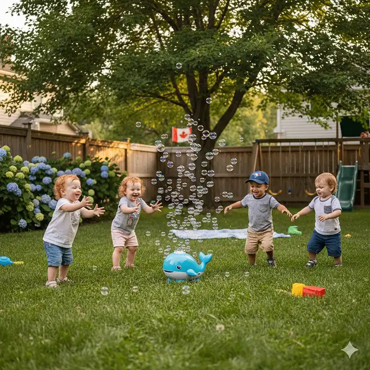 A group of toddlers playing with a high-output bubble machine in a grassy Canadian backyard during a sunny summer afternoon.