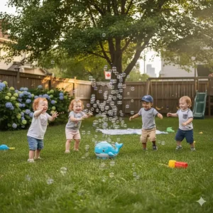 Canadian toddlers chasing bubbles from an automatic machine at a neighborhood park in Toronto.