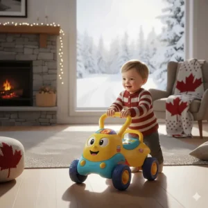 Illustration of a toddler staying active indoors with a push-and-ride toy during a Canadian winter.