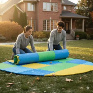 An illustration showing how to easily drain and store a portable backyard splash pad for the Canadian winter.