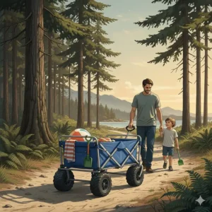 Illustration of a collapsible wagon for beach and park with wide sand wheels, perfect for Pacific Spirit Regional Park.