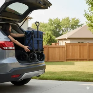 A collapsed push and pull wagon being easily stored in the trunk of a compact SUV in a Canadian residential driveway.