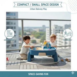 Space-saving sand and water table design ideal for Canadian apartment balconies and small patios.
