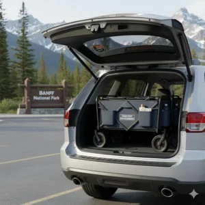 Illustration showing how a compact wagon for beach and park fits easily into a standard SUV trunk for travel to National Parks.