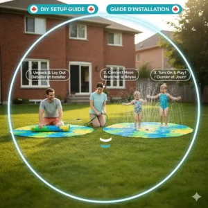 A step-by-step graphic illustrating the quick setup of a backyard splash pad on a typical Canadian lawn.