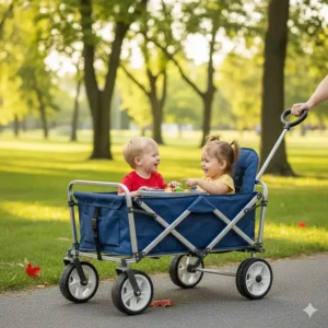An illustration of two toddlers sitting face-to-face in a spacious push and pull wagon designed for Canadian siblings.