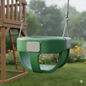 Close-up of UV-resistant materials on a 3-in-1 baby swing outdoor designed to withstand Canadian weather.