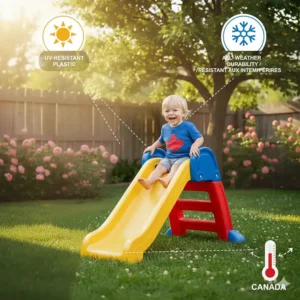 Illustration of a durable, UV-resistant outdoor slide for toddlers designed to withstand the Canadian climate.