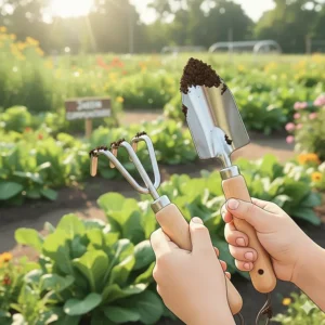 Lightweight and durable metal toddler gardening tools set designed with smooth edges for safe play in Canadian community gardens.