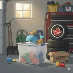 A durable bubble machine for toddlers outdoor being packed away in a garage for the Canadian winter.