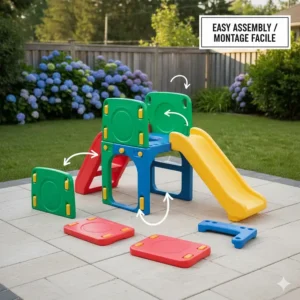 Simple graphic showing the quick assembly process for a small backyard climber for kids.