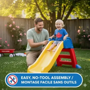 An illustration showing how to fold and store a portable outdoor slide for toddlers in a garage or shed.