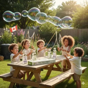 Illustration of biodegradable bubble solution and giant bubble wands for kids, appealing to eco-conscious Canadian parents.