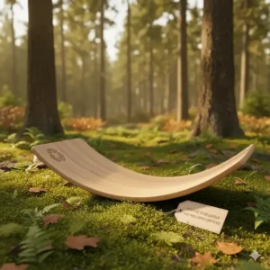 Illustration of a sustainably made wooden balance board for toddlers outdoor, emphasizing Canadian eco-conscious values.