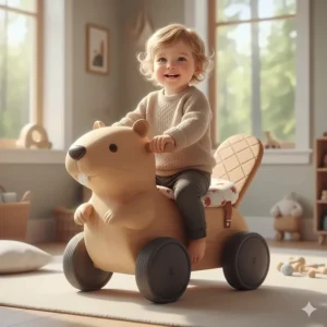 Sustainable wooden ride-on toy for 1-year-olds, highlighting eco-conscious choices for Canadian parents.