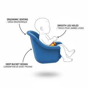 Side view illustration of a bucket baby swing showing ergonomic seating depth and smooth leg hole edges for infant comfort.