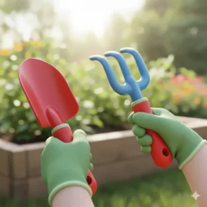 Close-up illustration showing the ergonomic handles of a toddler gardening tools set, perfectly sized for small hands and active play.