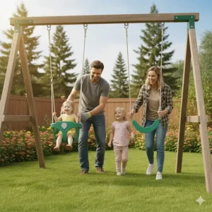 A Canadian family playing together outdoors with a 3-in-1 baby swing mounted on a backyard patio.
