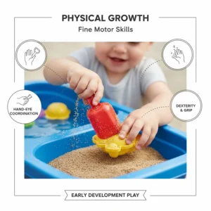 Close-up illustration of a child developing fine motor skills using sand and water table tools.