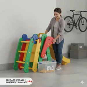 Illustration showing a foldable small outdoor climber for toddlers being stored neatly in a garage.