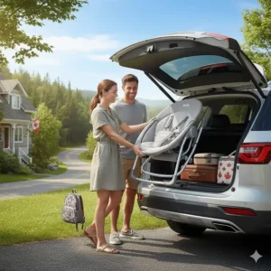 Illustration of a lightweight foldable baby swing being packed into a car trunk for a family road trip.
